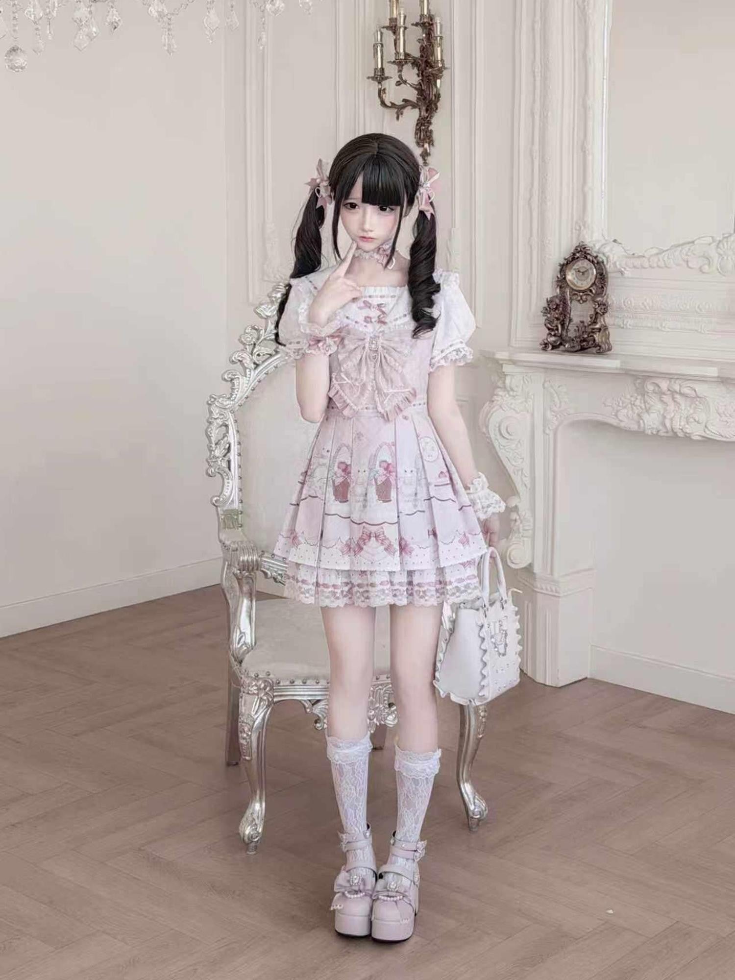 Ekomi Strawberry Rabbit Floral Lace Square Neck Princess Fitted Women's Bow Op Sets