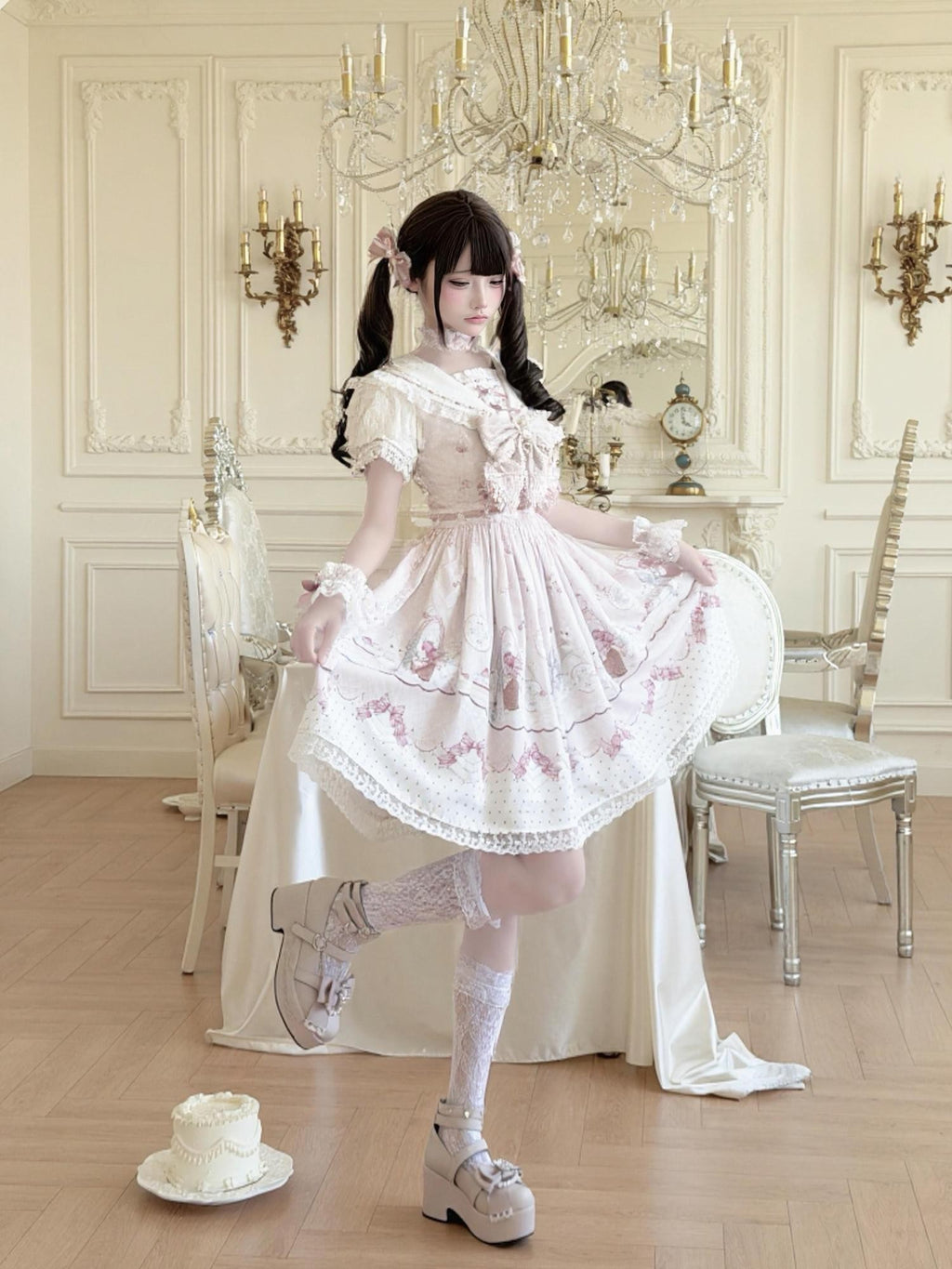 Ekomi Strawberry Rabbit Floral Lace Square Neck Princess Fitted Women's Bow Op Sets