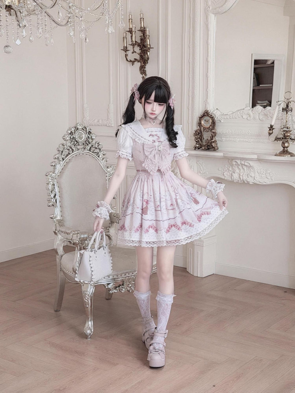 Ekomi Strawberry Rabbit Floral Lace Square Neck Princess Fitted Women's Bow Op Sets