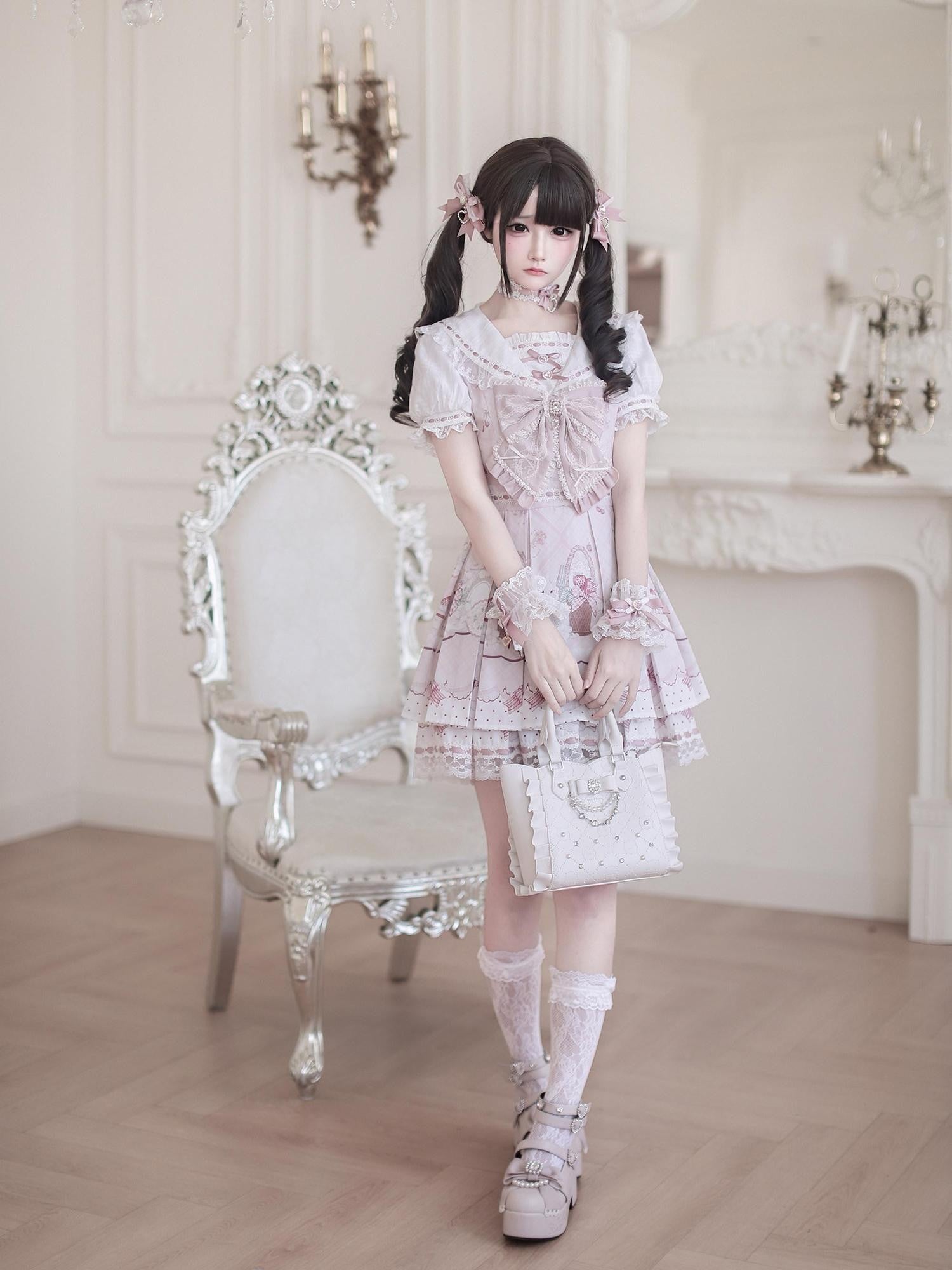 Ekomi Strawberry Rabbit Floral Print Lace A Line Round Neck Women's Short Sleeve Op
