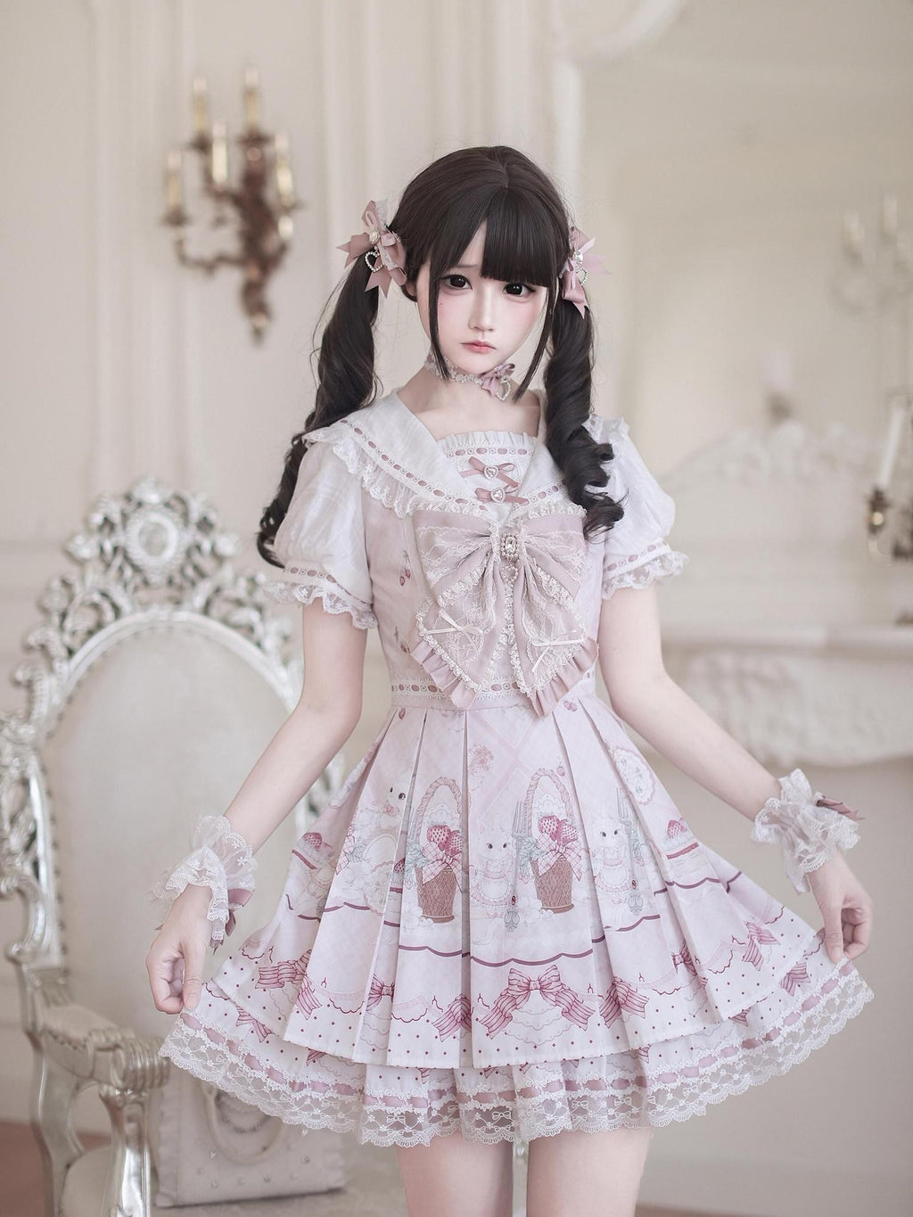Ekomi Strawberry Rabbit Floral Print Lace A Line Round Neck Women's Short Sleeve Op