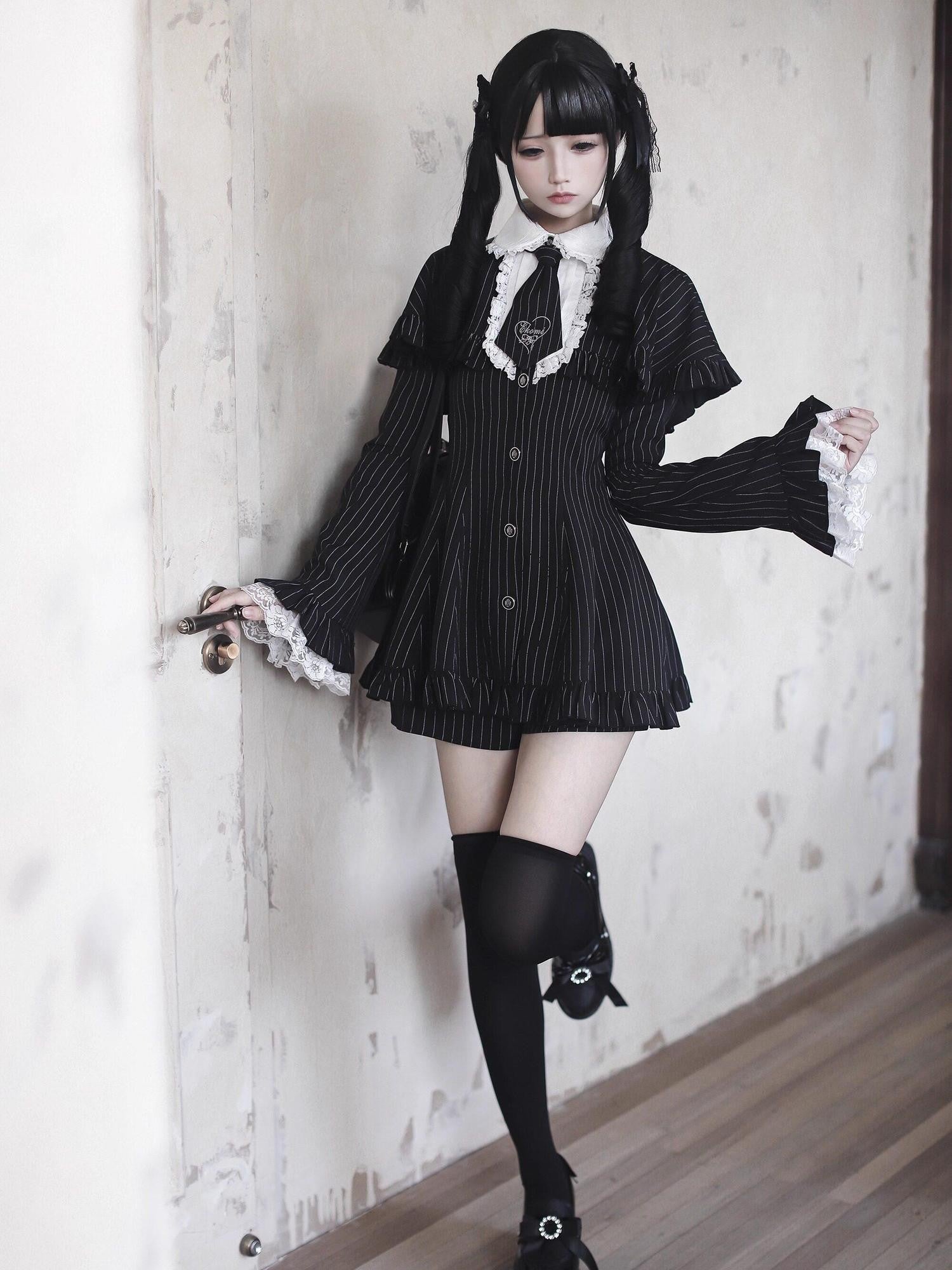 Ekomi Striped Princess Sleeve Lapel Collar A Line Fitted Women's Lace Long Sleeve Op