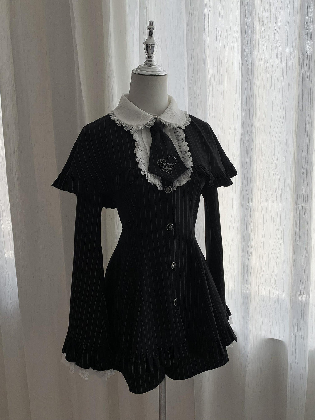 Ekomi Striped Princess Sleeve Lapel Collar A Line Fitted Women's Lace Long Sleeve Op