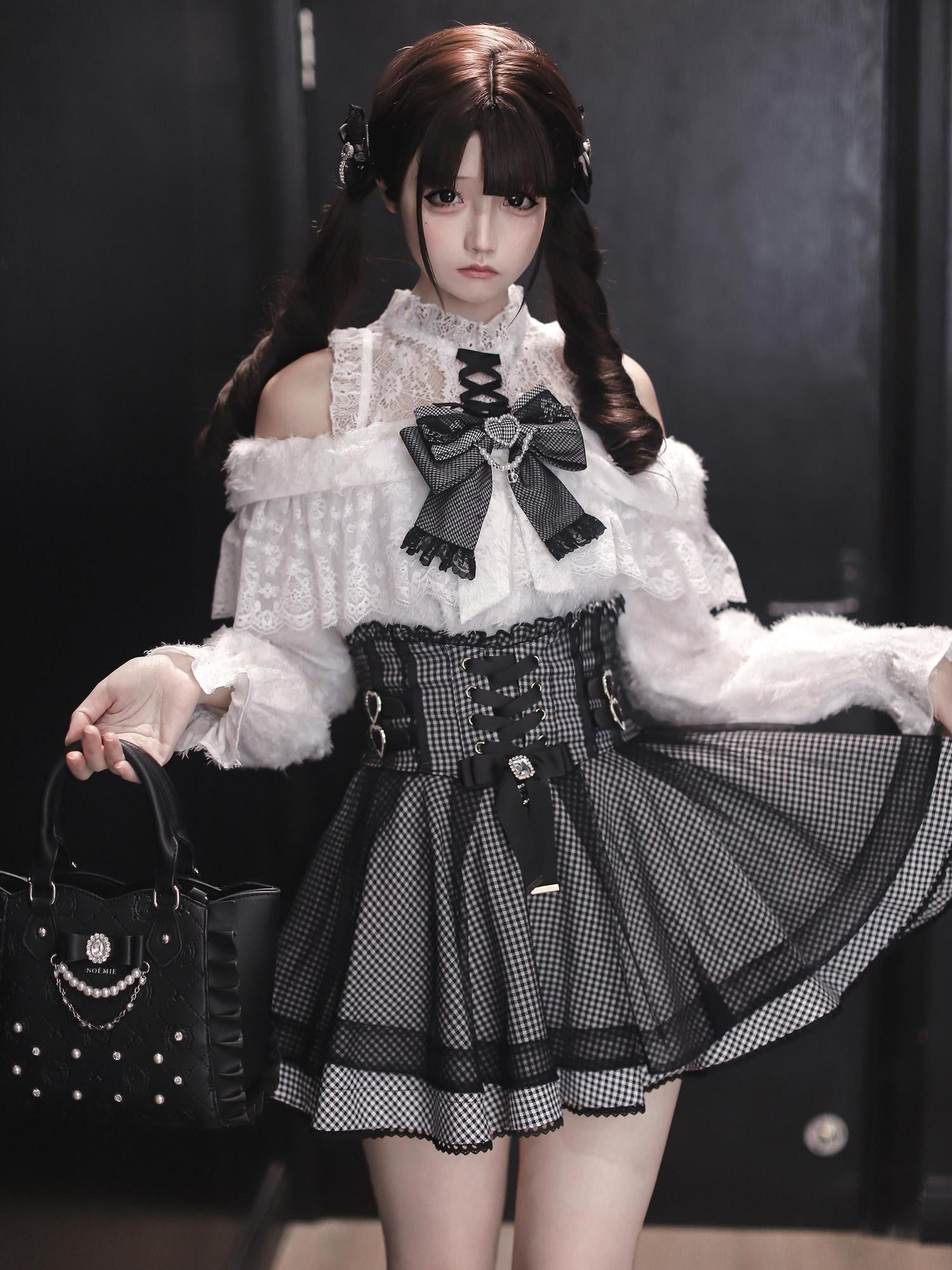 Ekomi White Off Shoulder Houndstooth Japanese Women's Knit Sweater Skirt Sets