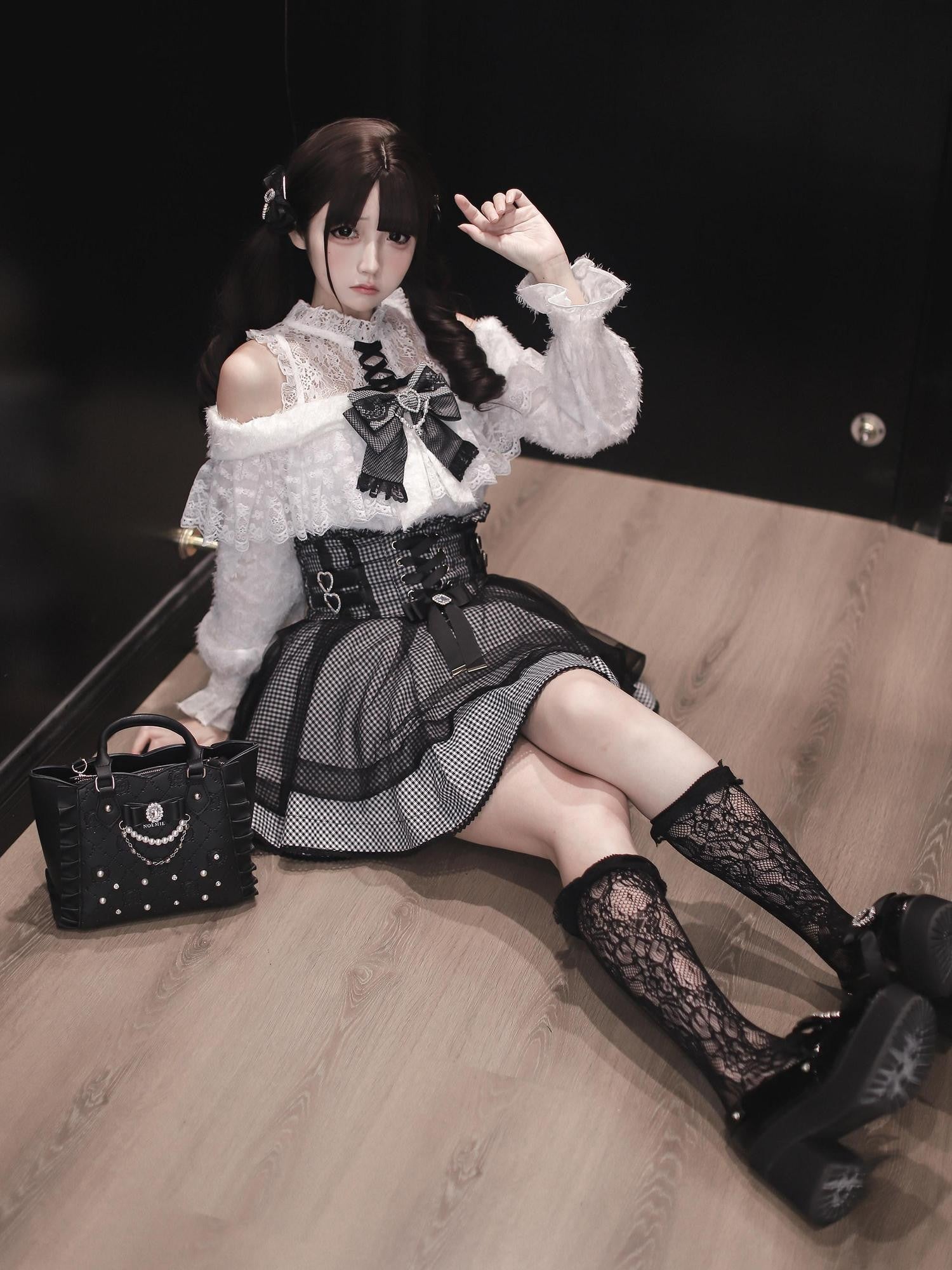 Ekomi White Off Shoulder Houndstooth Japanese Women's Knit Sweater Skirt Sets