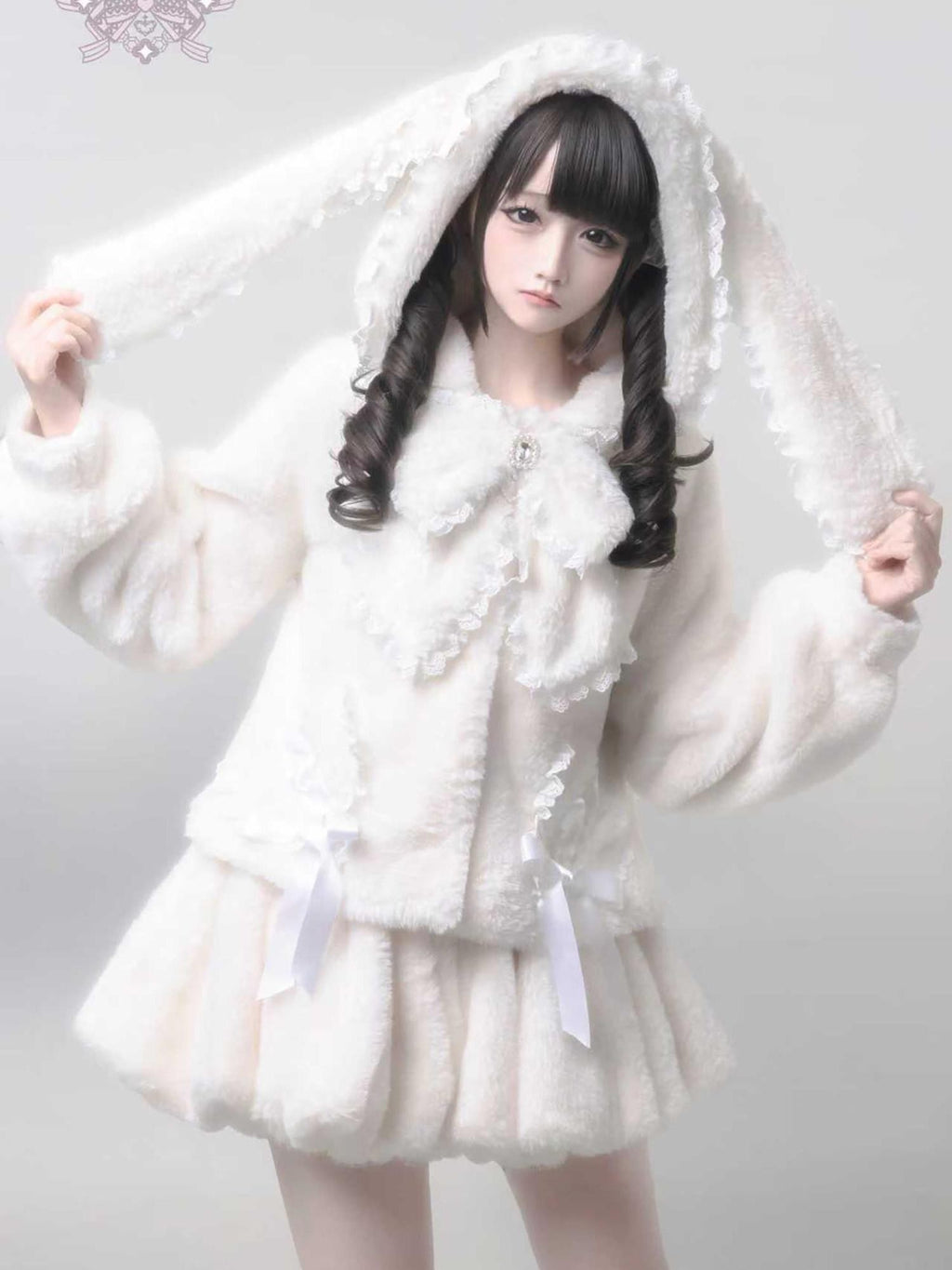Ekomi White Rabbit Ear Plush Women's Rabbit Fleece Full Coordination Sets