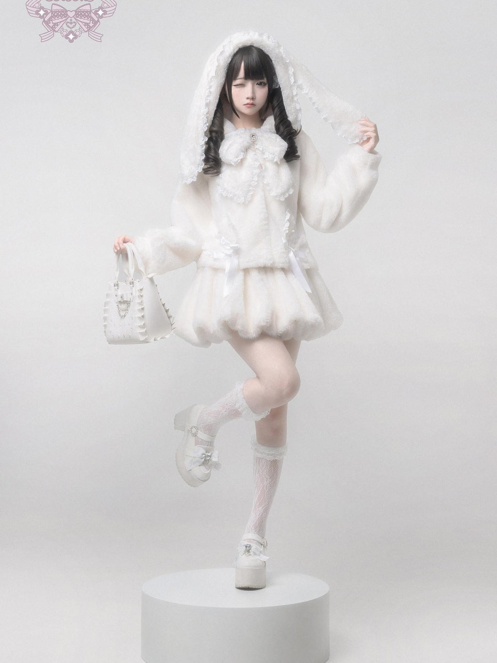 Ekomi White Rabbit Ear Plush Women's Rabbit Fleece Full Coordination Sets