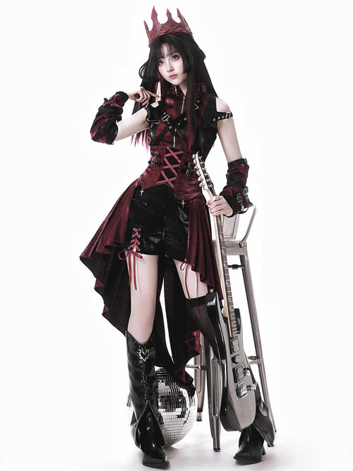 Jing Mu Assassin Black Red Gothic Biker Suspender Stand Collar Women's Jsk Sets