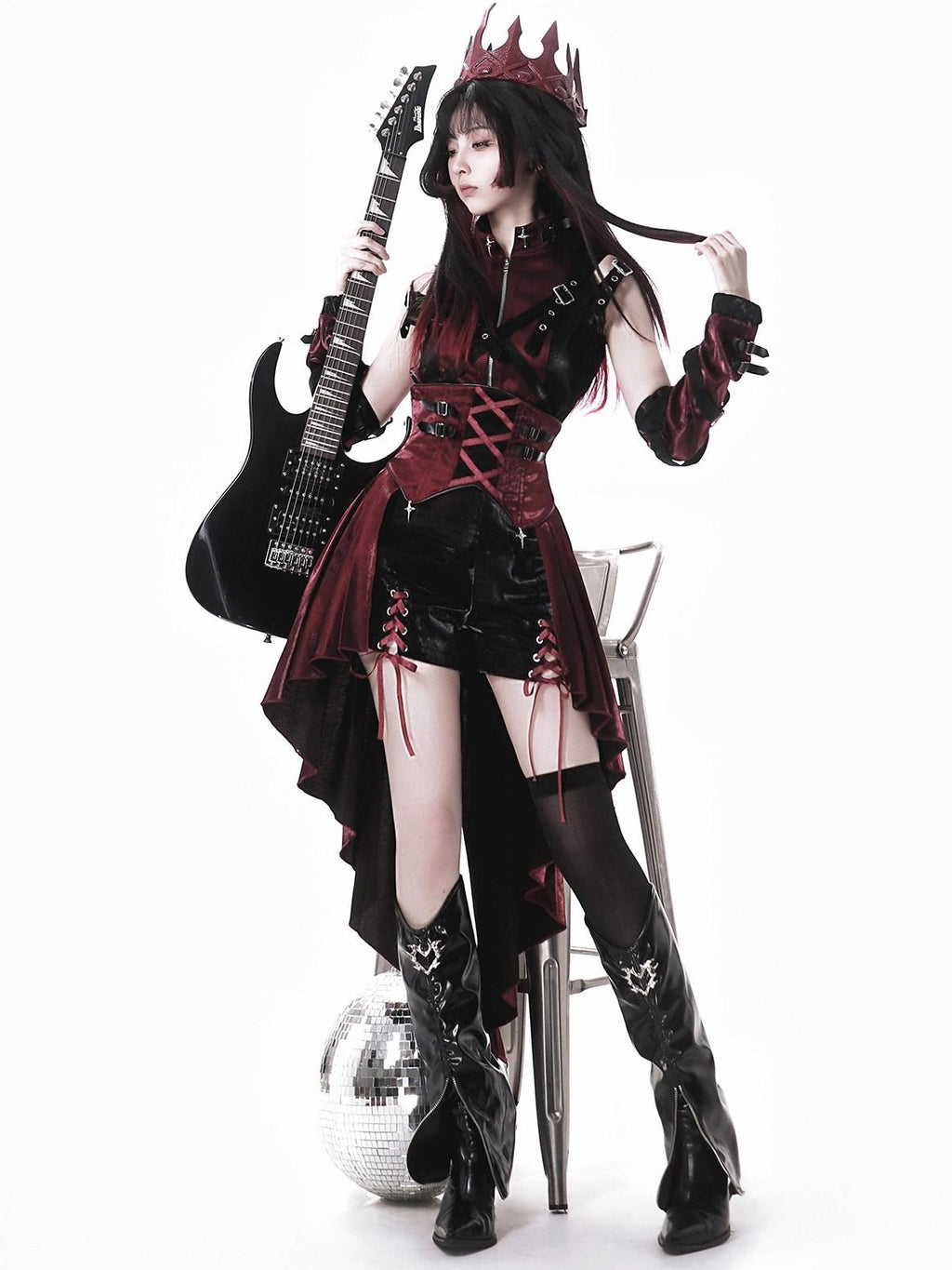 Jing Mu Assassin Black Red Gothic Biker Suspender Stand Collar Women's Jsk Sets