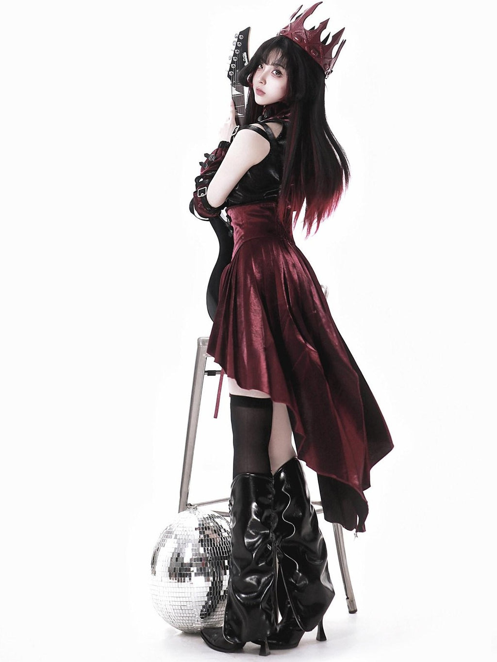 Jing Mu Assassin Black Red Gothic Biker Suspender Stand Collar Women's Jsk Sets