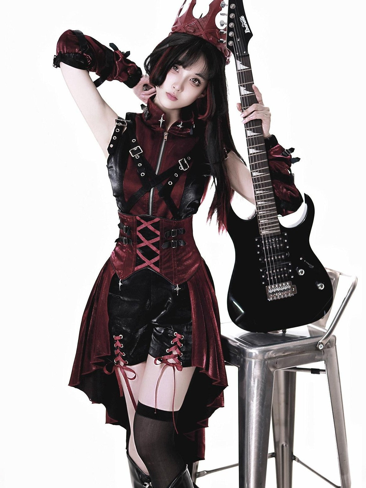Jing Mu Assassin Black Red Gothic Biker Suspender Stand Collar Women's Jsk Sets