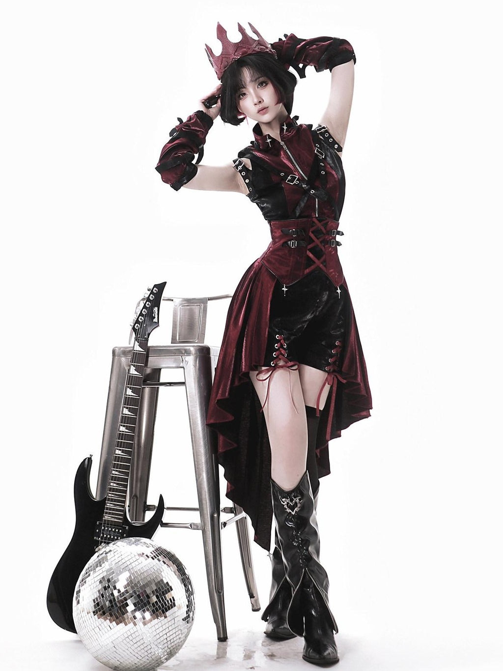 Jing Mu Assassin Black Red Gothic Biker Suspender Stand Collar Women's Jsk Sets
