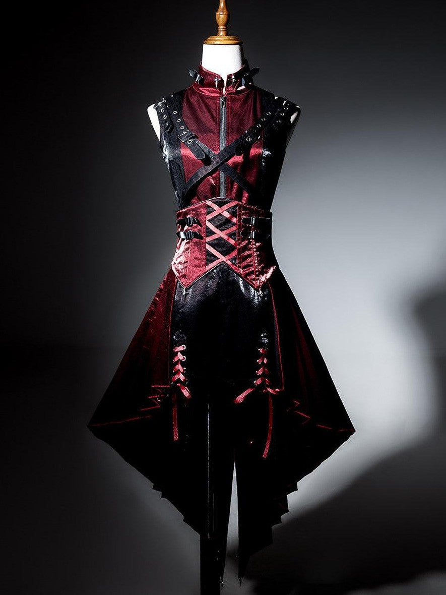 Jing Mu Assassin Black Red Gothic Biker Suspender Stand Collar Women's Jsk Sets