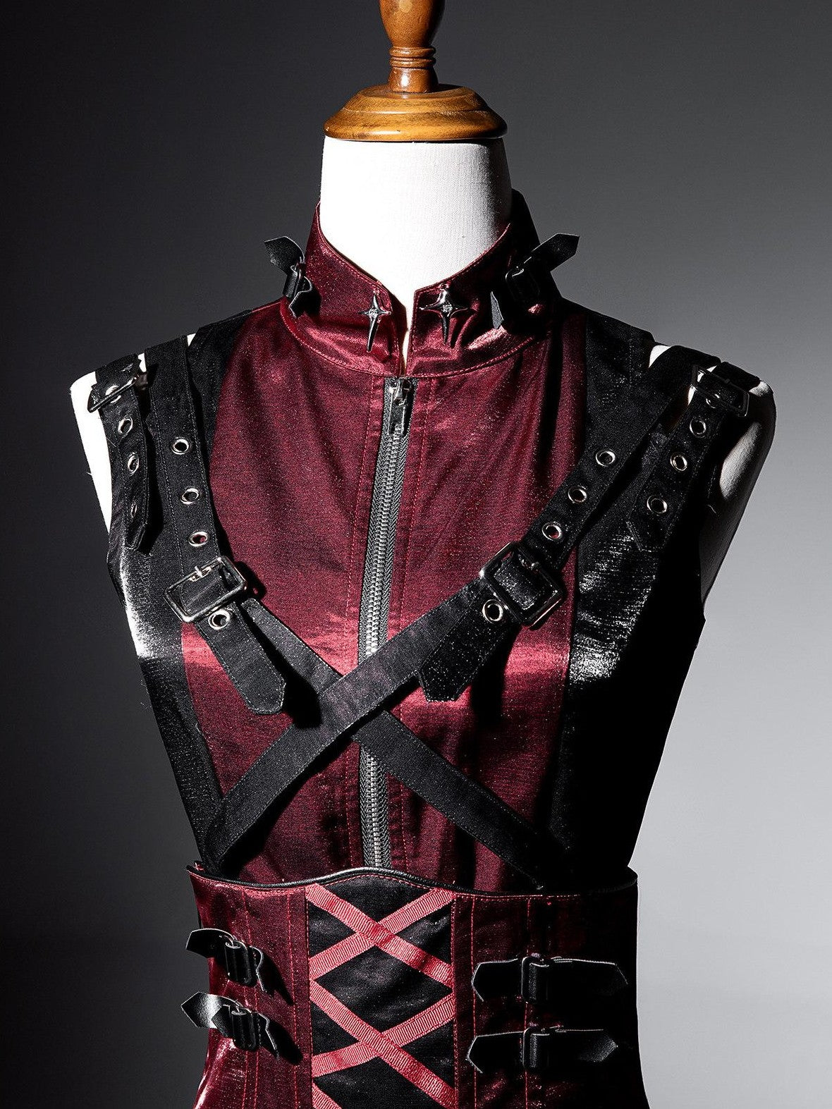 Jing Mu Assassin Black Red Gothic Biker Suspender Stand Collar Women's Jsk Sets