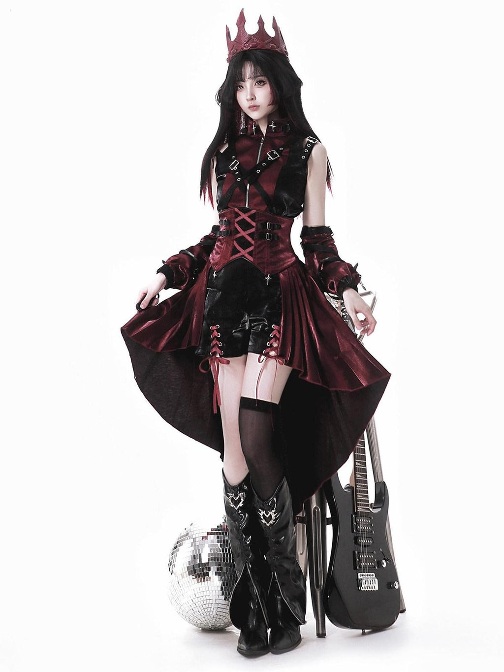 Jing Mu Assassin Black Red Gothic Biker Suspender Stand Collar Women's Jsk Sets