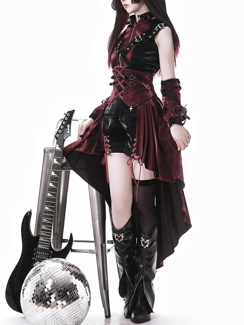 Jing Mu Assassin Black Red Gothic Biker Suspender Stand Collar Women's Jsk Sets