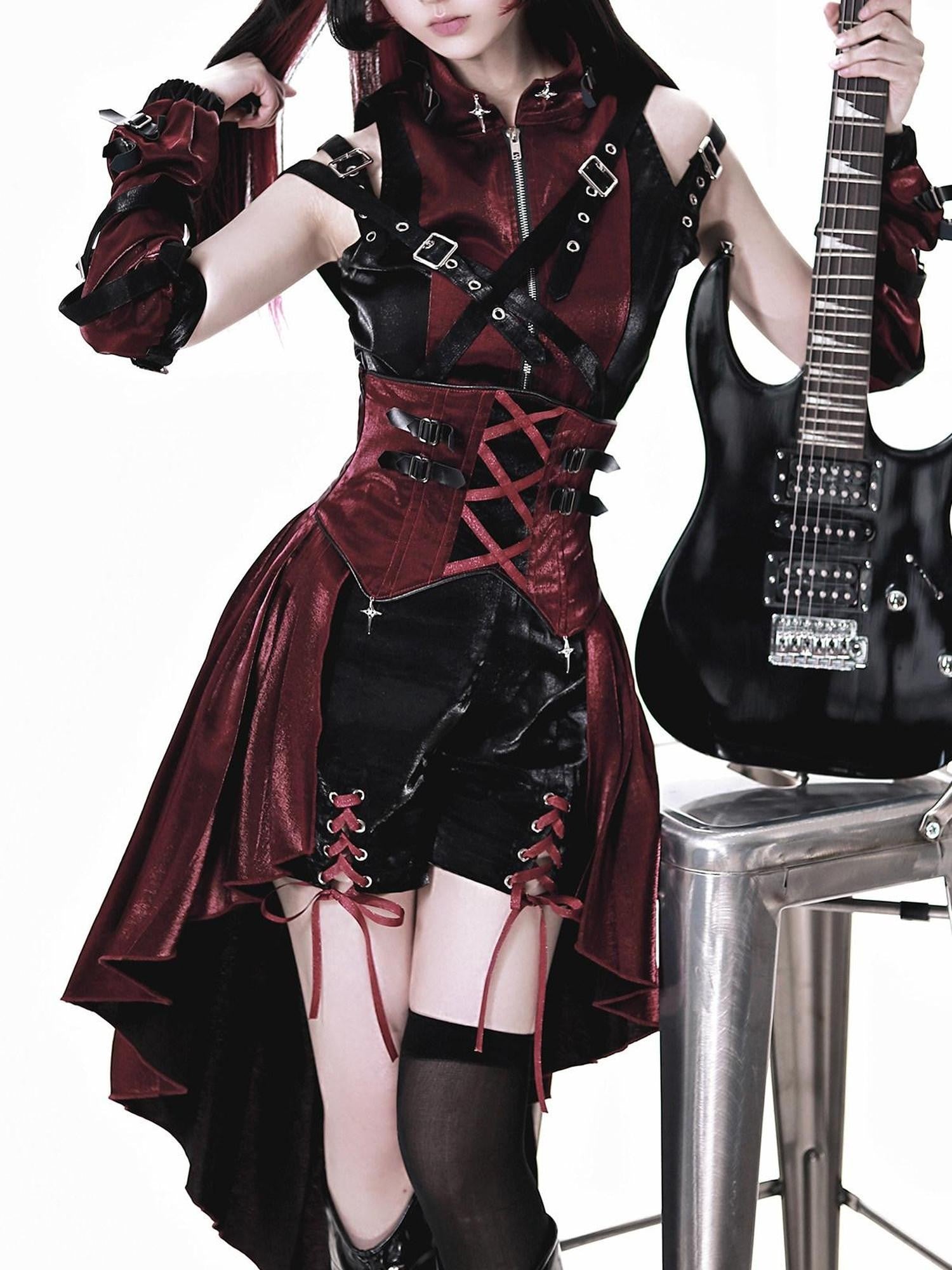 Jing Mu Assassin Black Red Gothic Biker Suspender Stand Collar Women's Jsk Sets