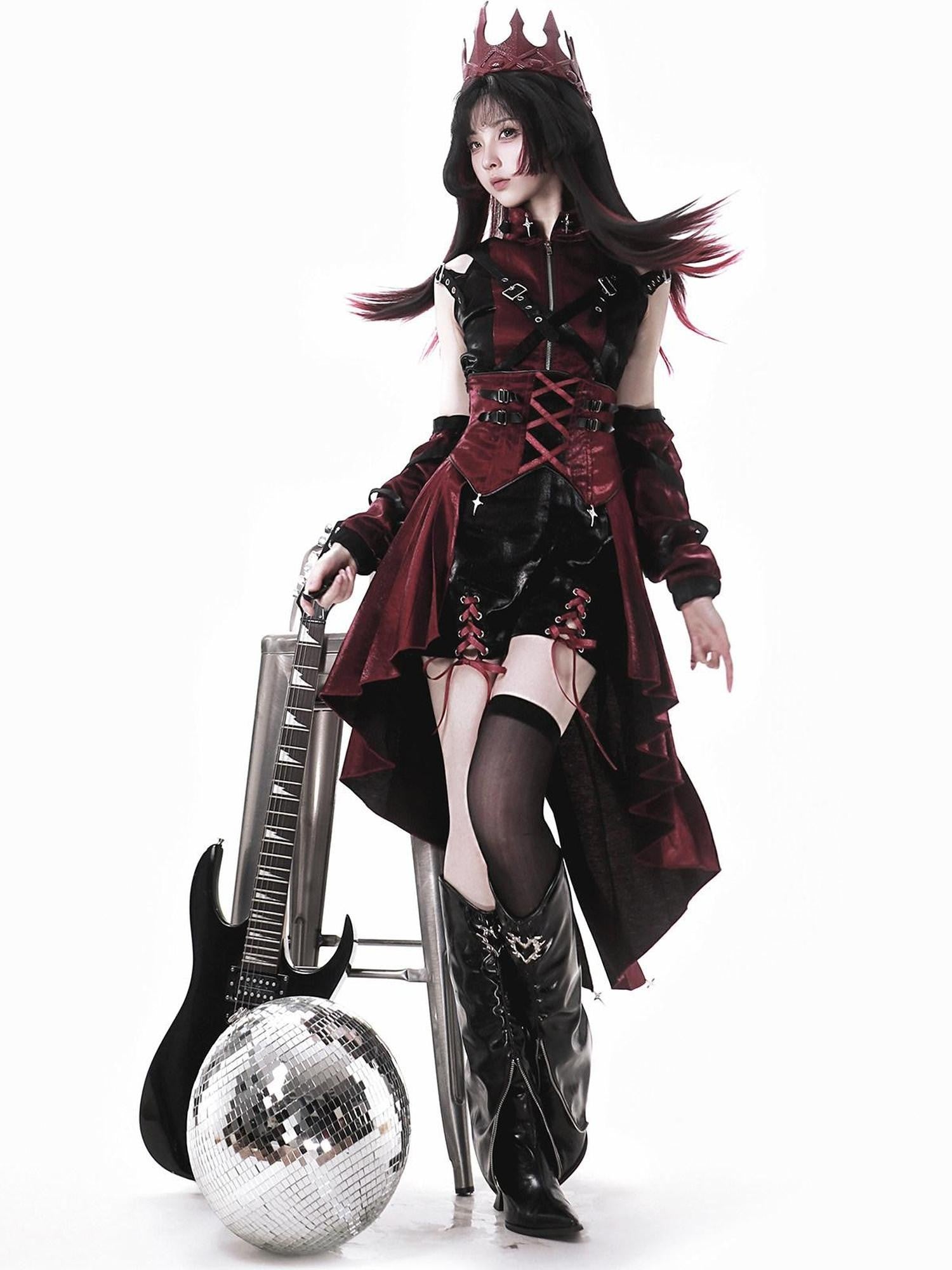Jing Mu Assassin Black Red Gothic Biker Suspender Stand Collar Women's Jsk Sets
