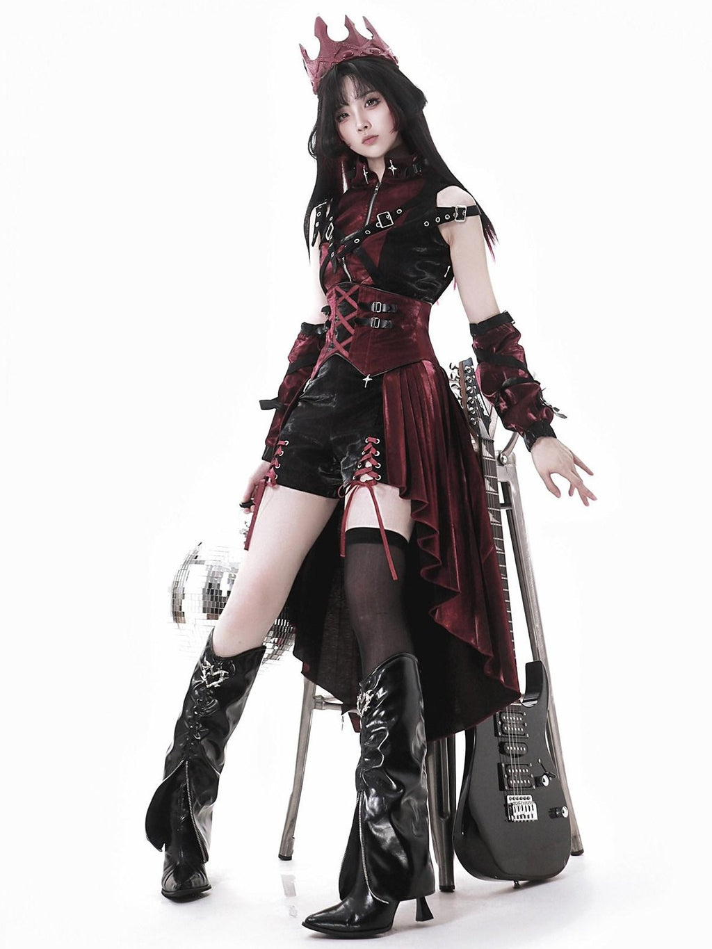Jing Mu Assassin Black Red Gothic Biker Suspender Stand Collar Women's Jsk Sets
