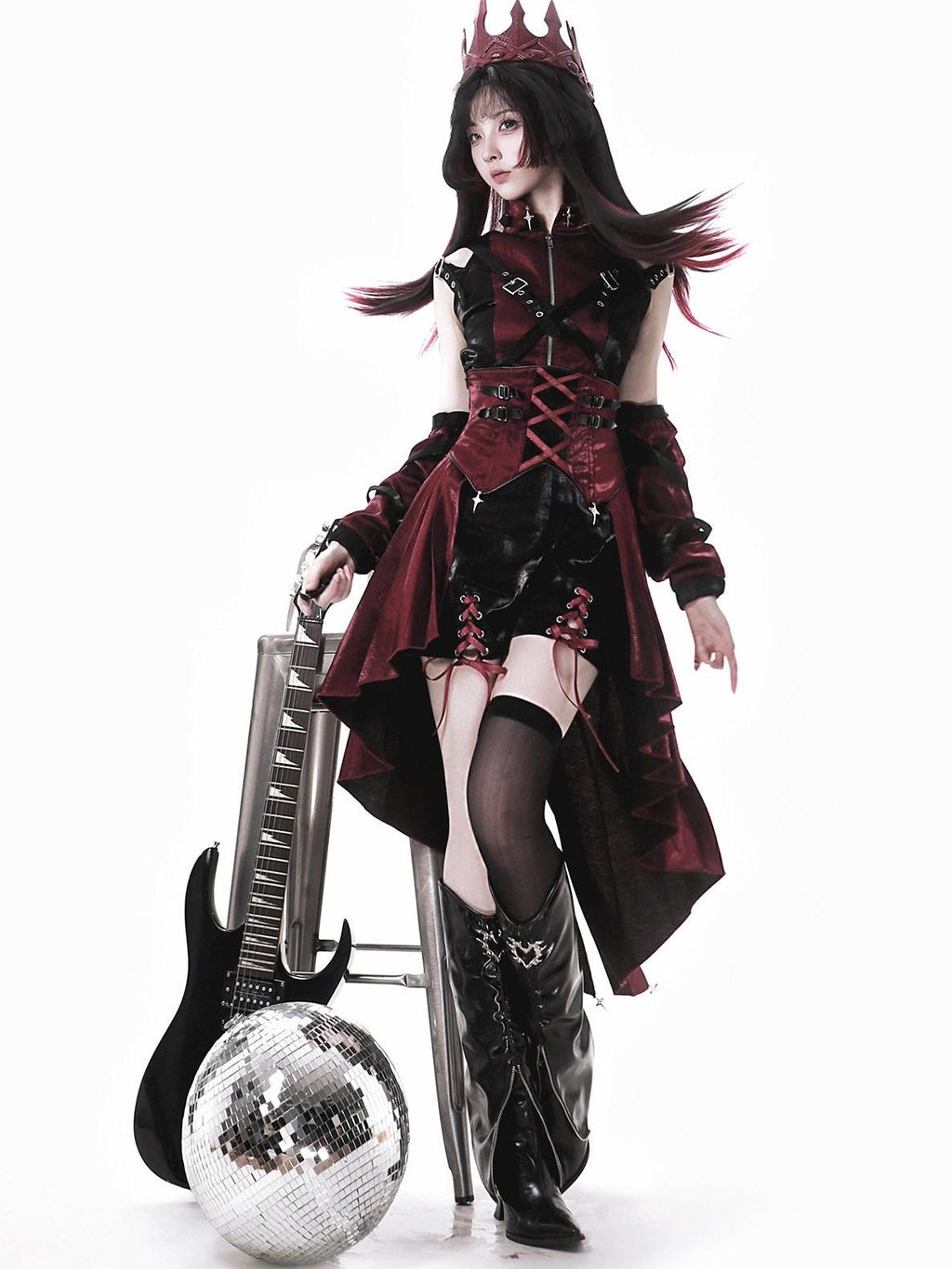 Jing Mu Assassin Black Red Gothic Biker Suspender Stand Collar Women's Jsk Sets