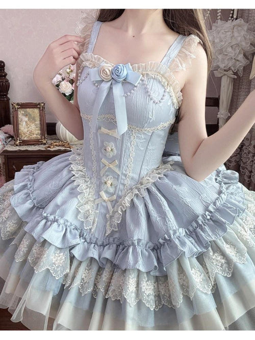 Jing Mu Ballet Three Tier Ruffle Bow Chest Accessory Women's Lolita Jsk / Jumper Skirts