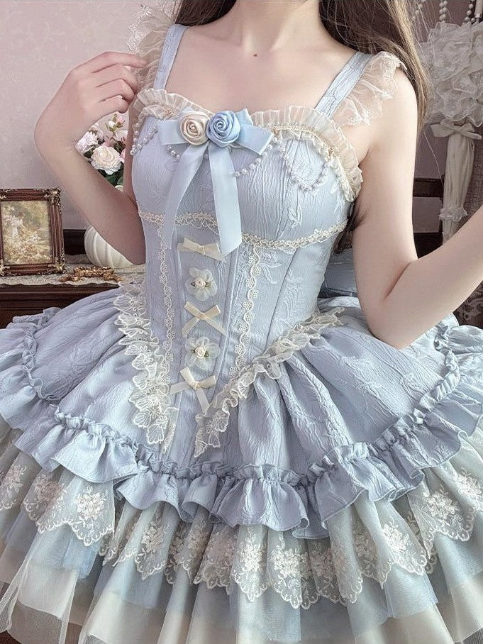 Jing Mu Ballet Three Tier Ruffle Bow Chest Accessory Women's Lolita Jsk / Jumper Skirts