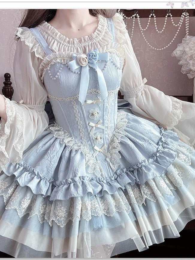 Jing Mu Ballet Three Tier Ruffle Bow Chest Accessory Women's Lolita Jsk / Jumper Skirts