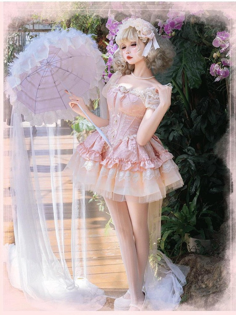 Jing Mu Ballet Three Tier Ruffle Bow Chest Accessory Women's Lolita Jsk / Jumper Skirts