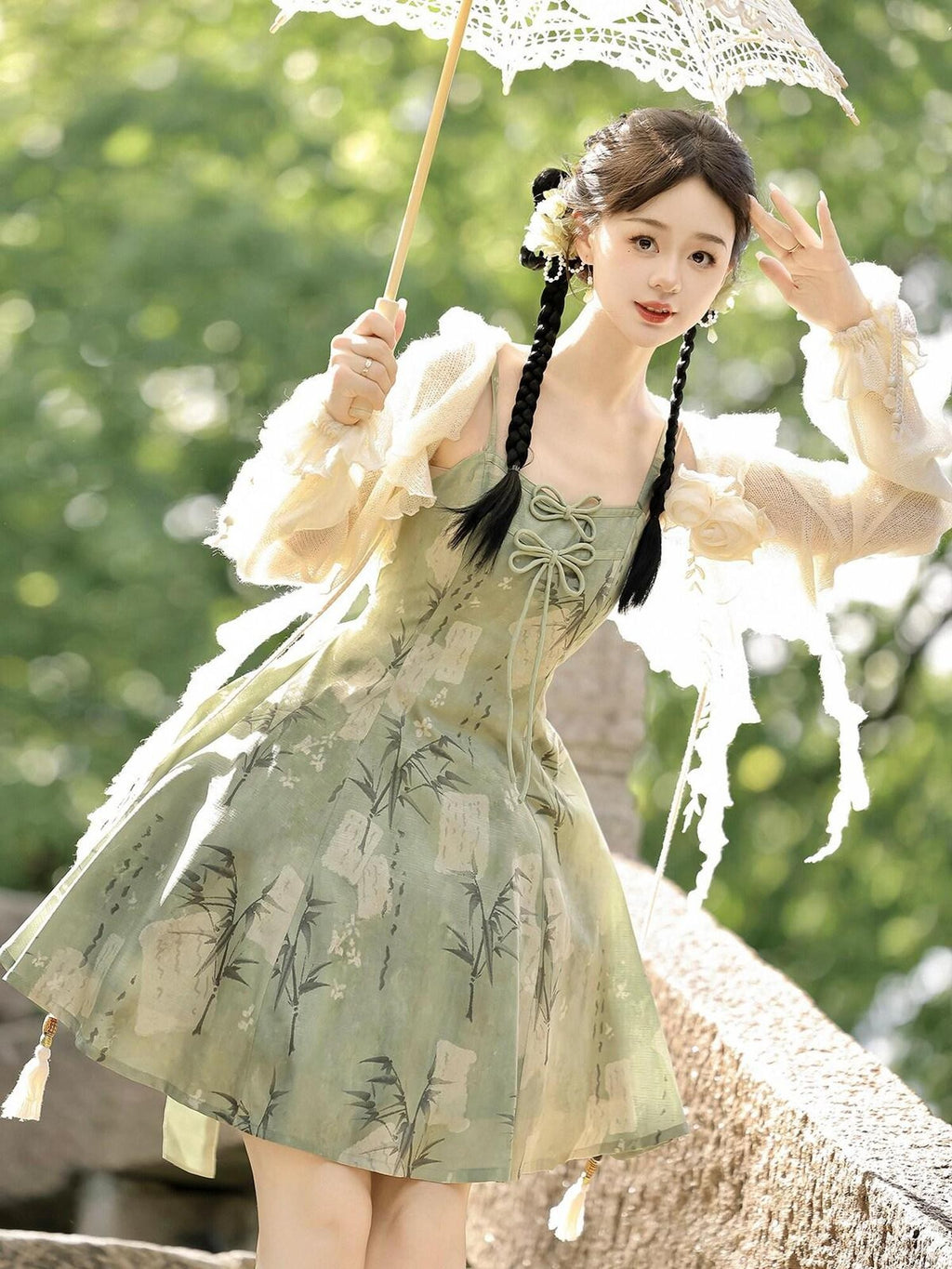 Jing Mu Bamboo Motif Chinese Lolita Strappy Cardigan Set Women's Jsk / Jumper Skirts