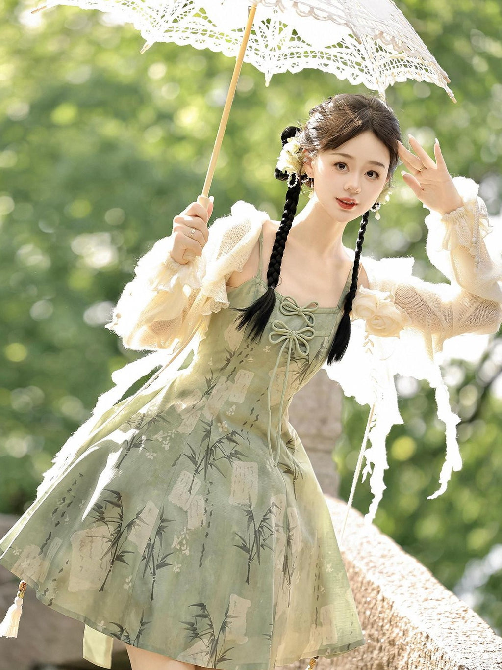 Jing Mu Bamboo Motif Chinese Lolita Strappy Cardigan Set Women's Jsk / Jumper Skirts