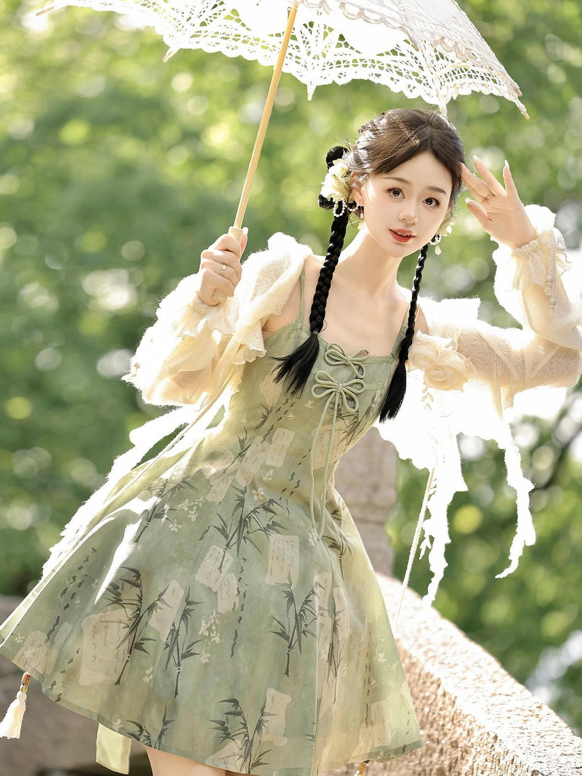 Jing Mu Bamboo Motif Chinese Lolita Strappy Cardigan Set Women's Jsk / Jumper Skirts