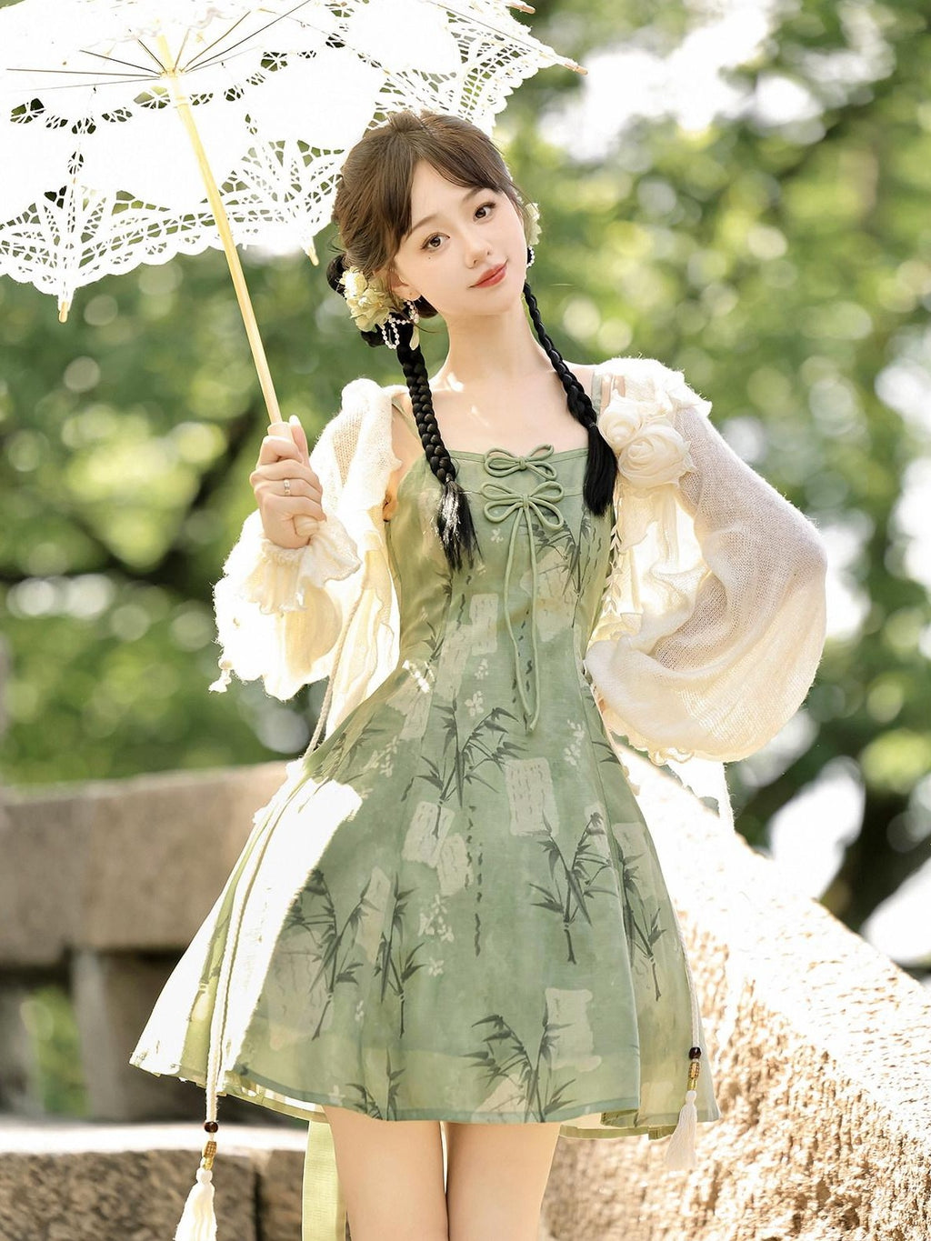Jing Mu Bamboo Motif Chinese Lolita Strappy Cardigan Set Women's Jsk / Jumper Skirts