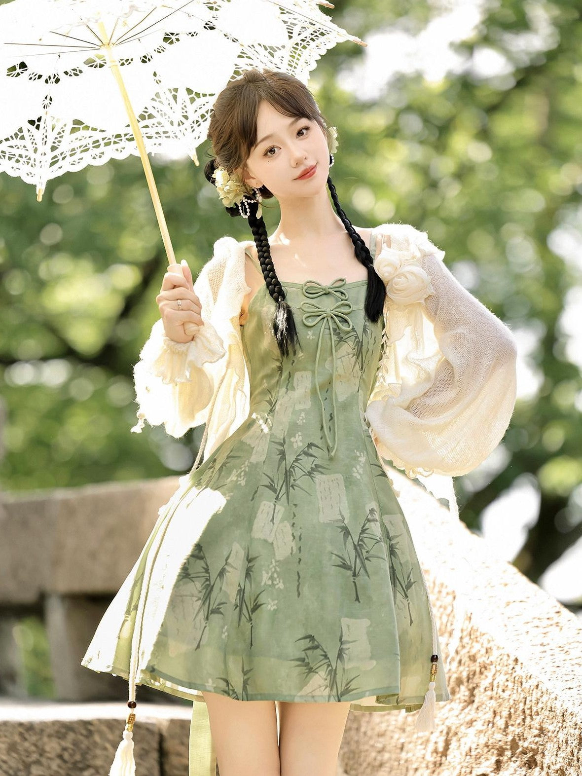 Jing Mu Bamboo Motif Chinese Lolita Strappy Cardigan Set Women's Jsk / Jumper Skirts