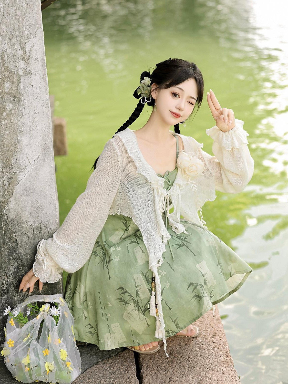 Jing Mu Bamboo Motif Chinese Lolita Strappy Cardigan Set Women's Jsk / Jumper Skirts