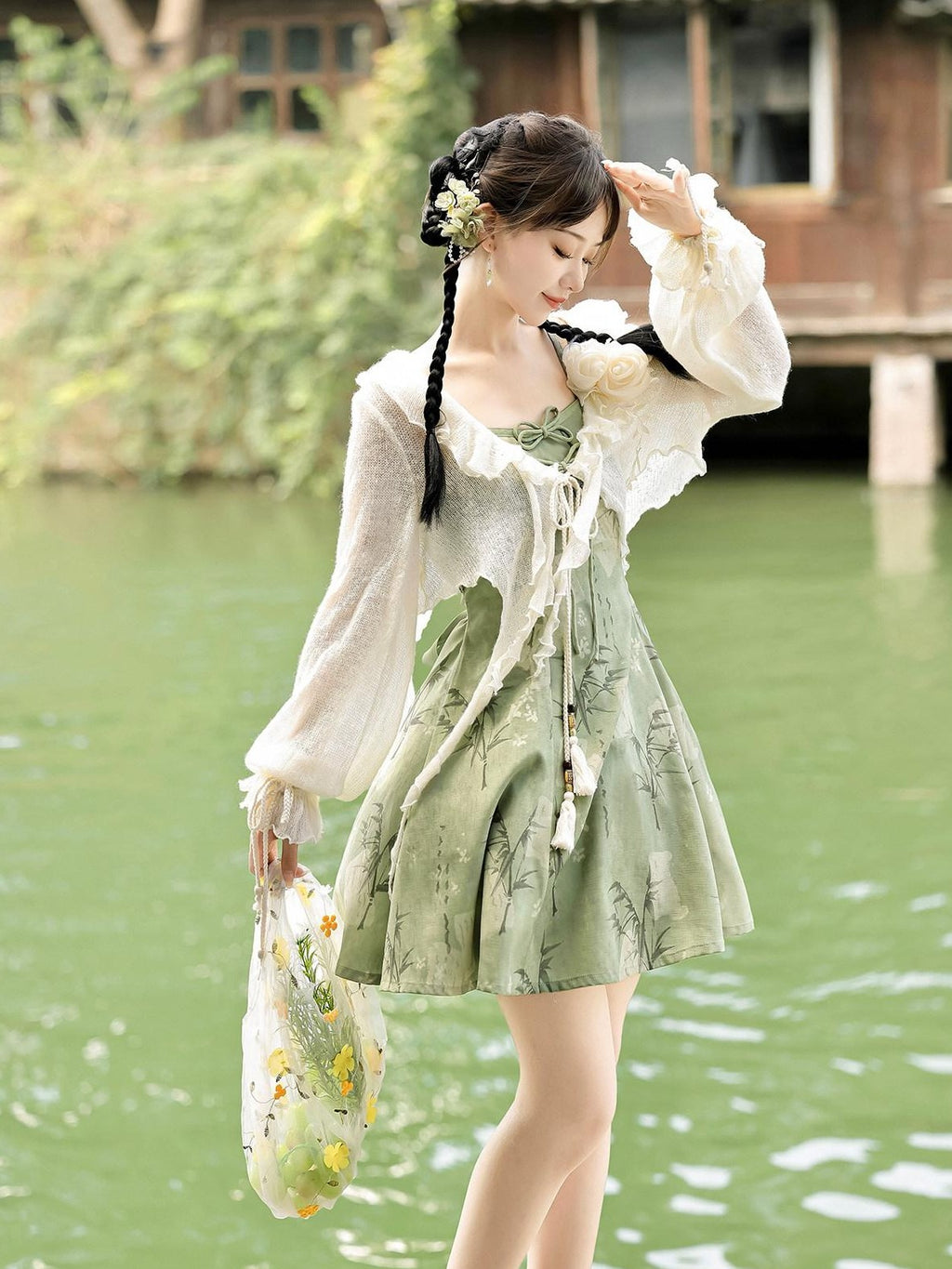 Jing Mu Bamboo Motif Chinese Lolita Strappy Cardigan Set Women's Jsk / Jumper Skirts