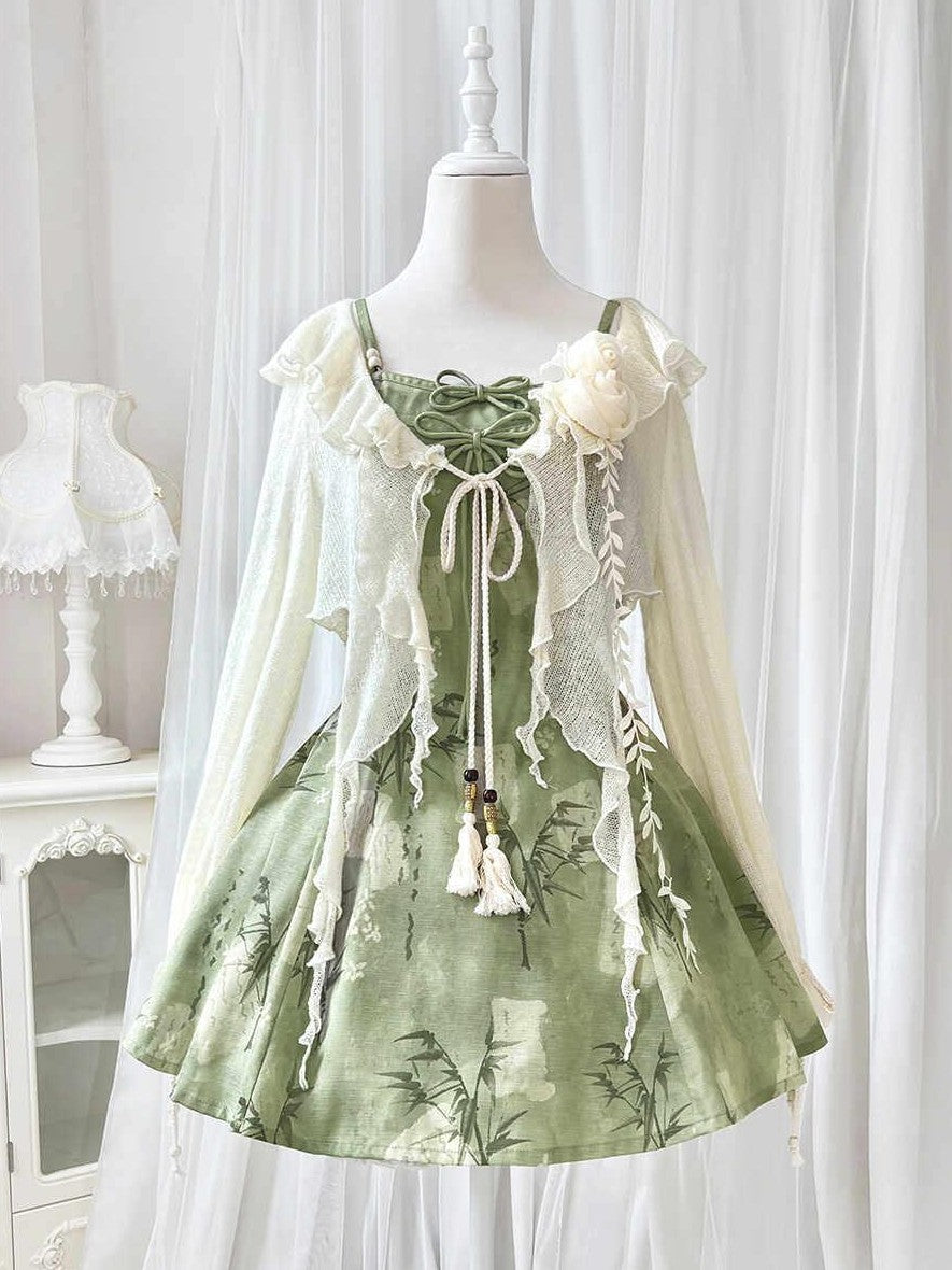 Jing Mu Bamboo Motif Chinese Lolita Strappy Cardigan Set Women's Jsk / Jumper Skirts
