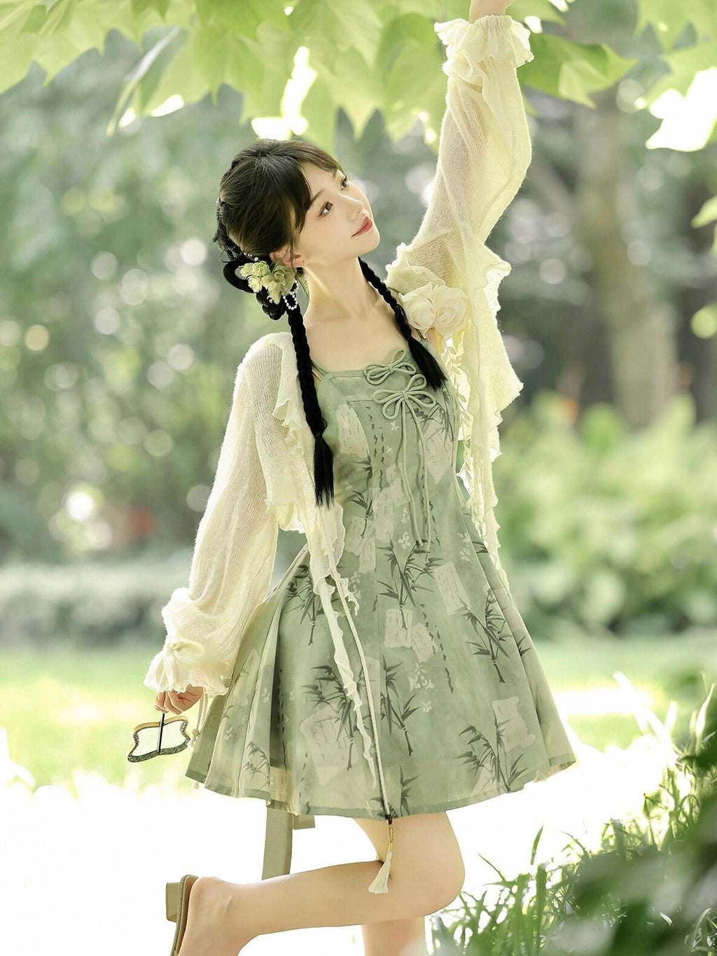 Jing Mu Bamboo Motif Chinese Lolita Strappy Cardigan Set Women's Jsk / Jumper Skirts