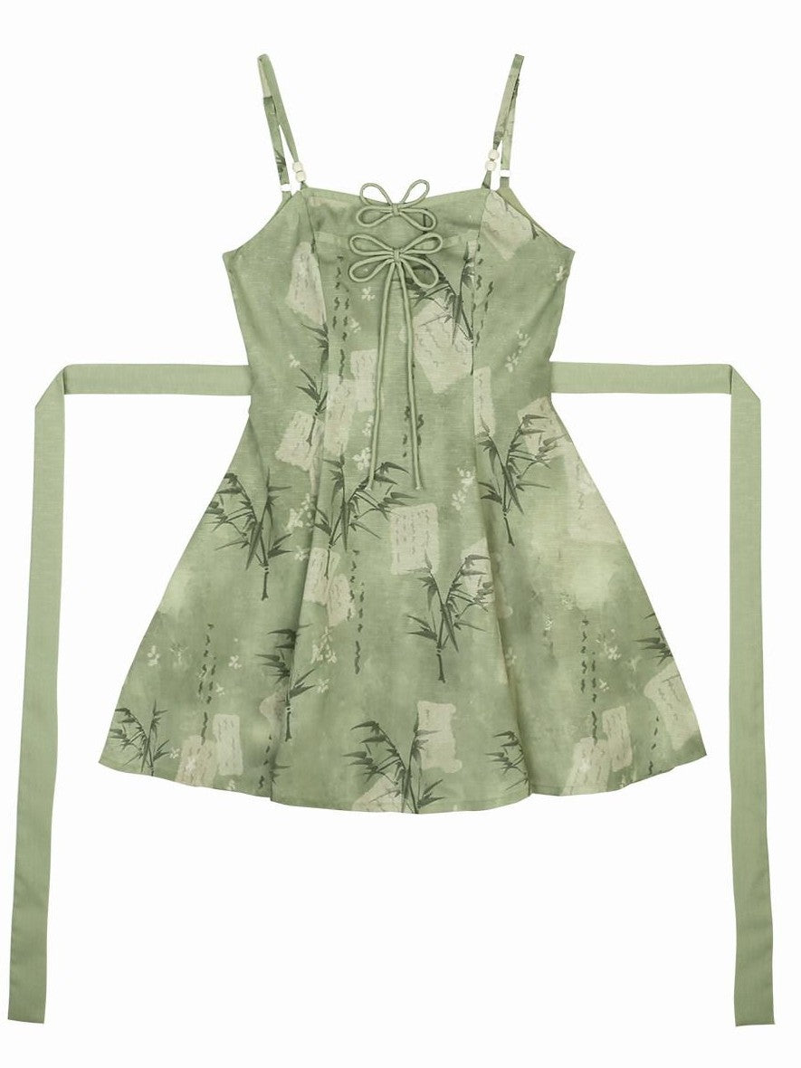 Jing Mu Bamboo Motif Chinese Lolita Strappy Cardigan Set Women's Jsk / Jumper Skirts