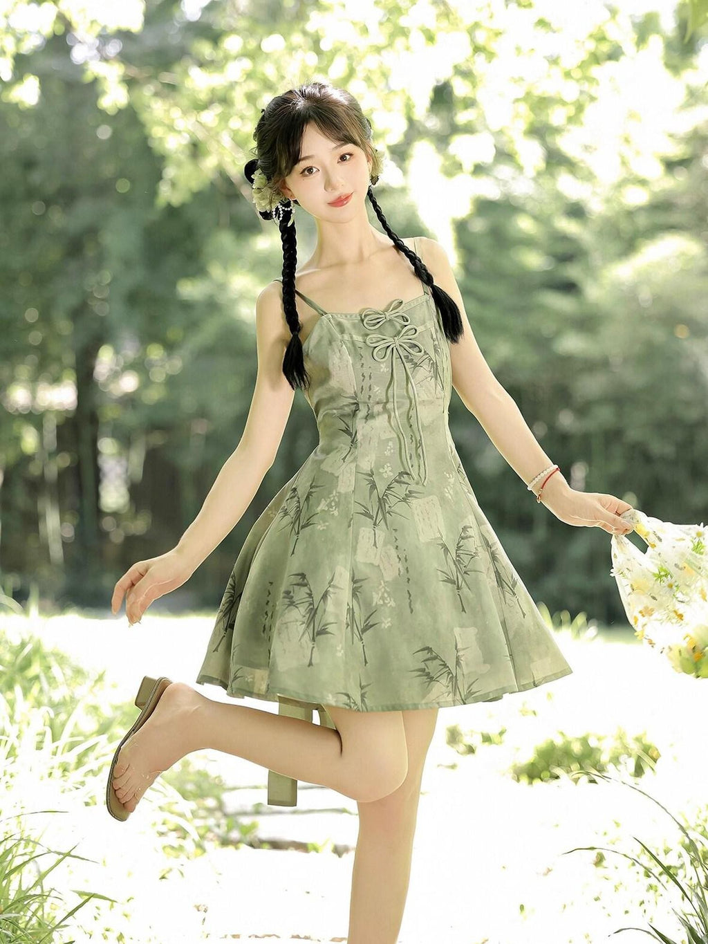 Jing Mu Bamboo Motif Chinese Lolita Strappy Cardigan Set Women's Jsk / Jumper Skirts