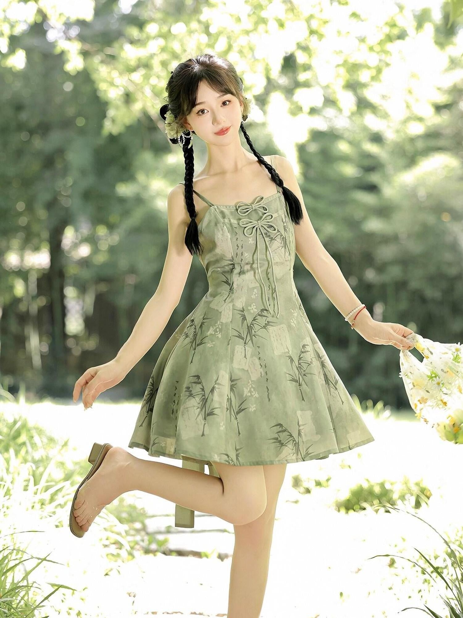 Jing Mu Bamboo Motif Chinese Lolita Strappy Cardigan Set Women's Jsk / Jumper Skirts