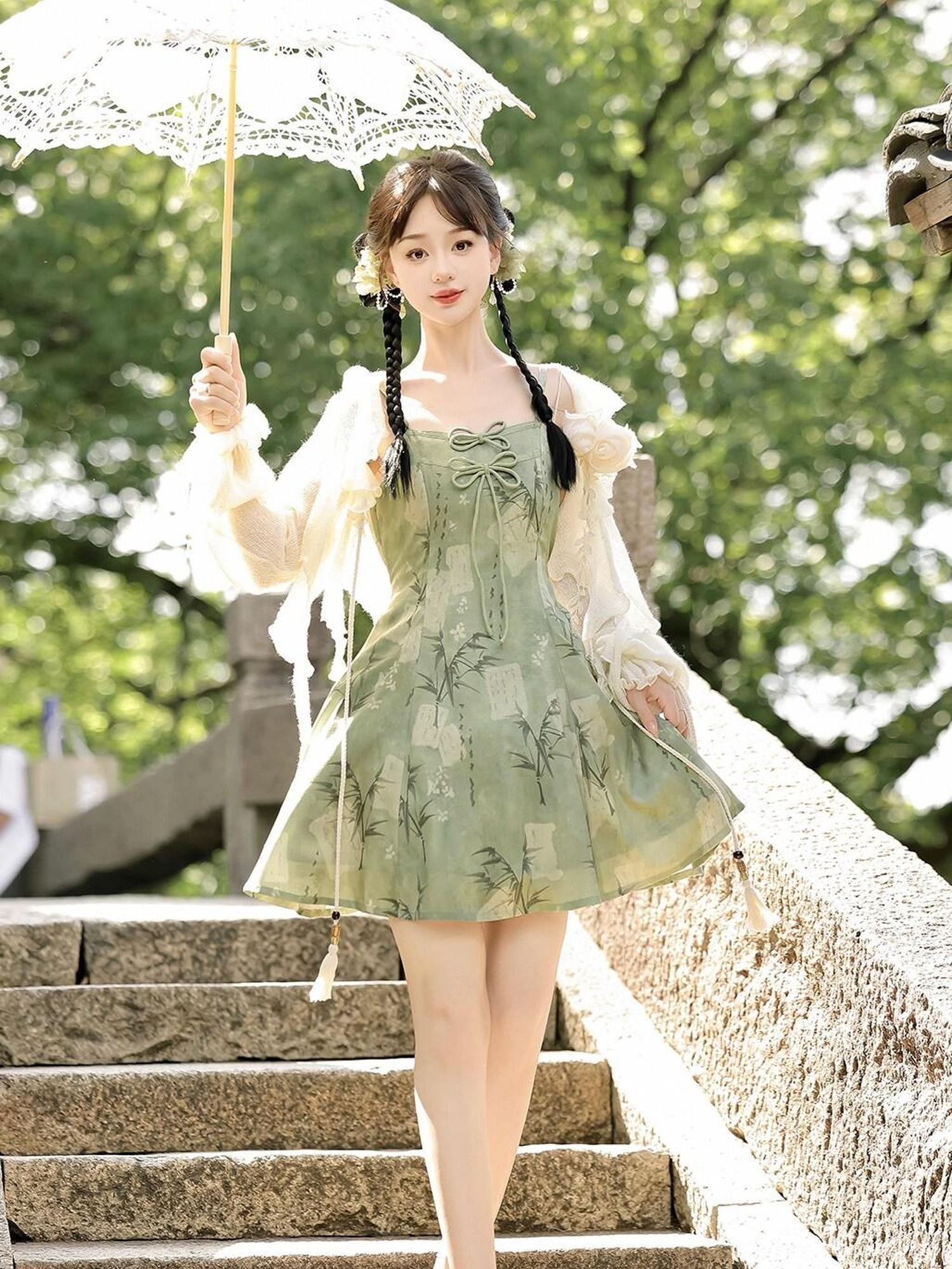 Jing Mu Bamboo Motif Chinese Lolita Strappy Cardigan Set Women's Jsk / Jumper Skirts