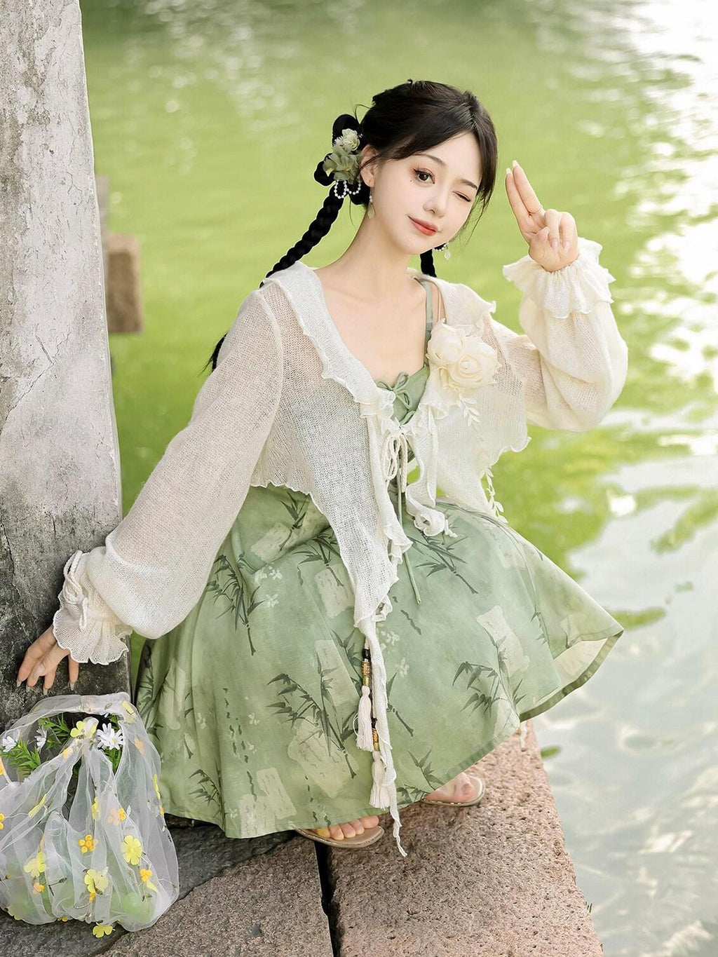 Jing Mu Bamboo Motif Chinese Lolita Strappy Cardigan Set Women's Jsk / Jumper Skirts