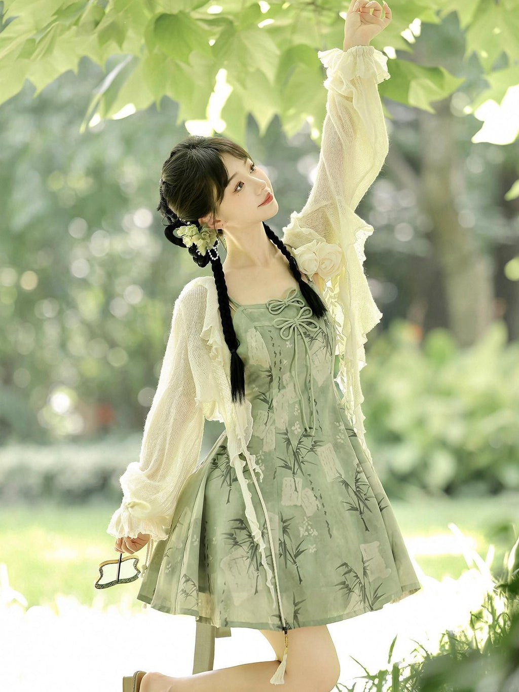 Jing Mu Bamboo Motif Chinese Lolita Strappy Cardigan Set Women's Jsk / Jumper Skirts