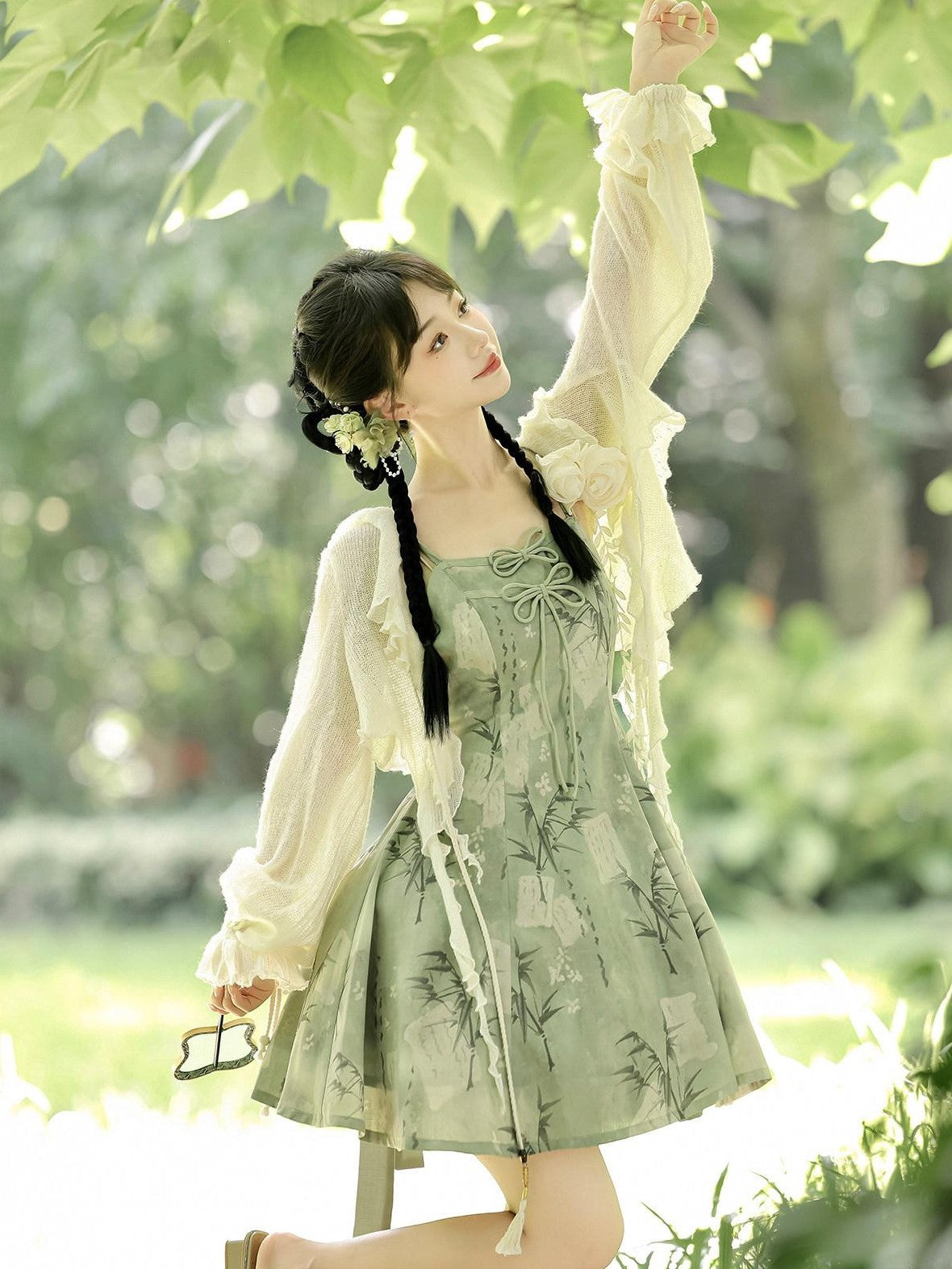 Jing Mu Bamboo Motif Chinese Lolita Strappy Cardigan Set Women's Jsk / Jumper Skirts