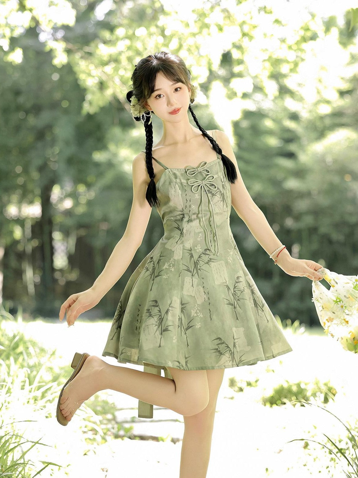 Jing Mu Bamboo Motif Chinese Lolita Strappy Cardigan Set Women's Jsk / Jumper Skirts