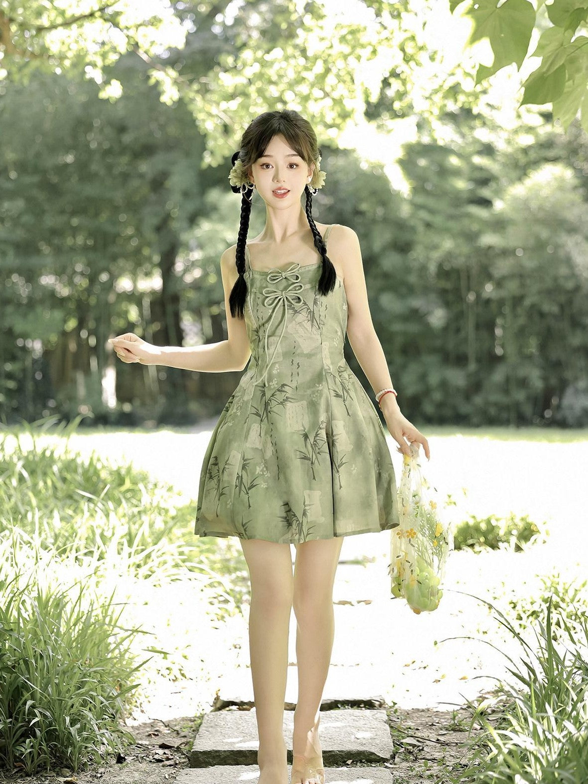 Jing Mu Bamboo Motif Chinese Lolita Strappy Cardigan Set Women's Jsk / Jumper Skirts