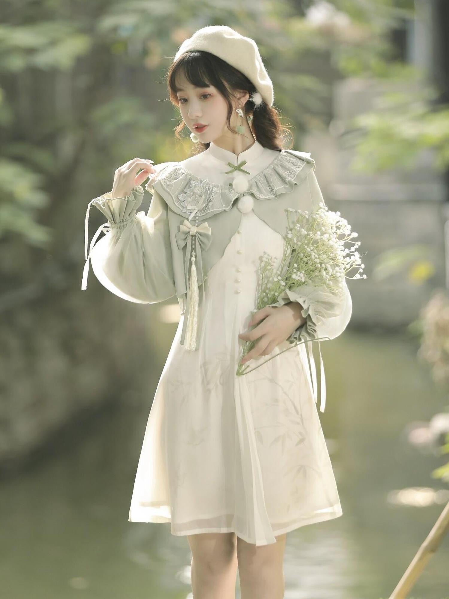 Jing Mu Bamboo Print Short Qipao Jacket Two Piece Retro Women's Polyester Long Sleeve Op