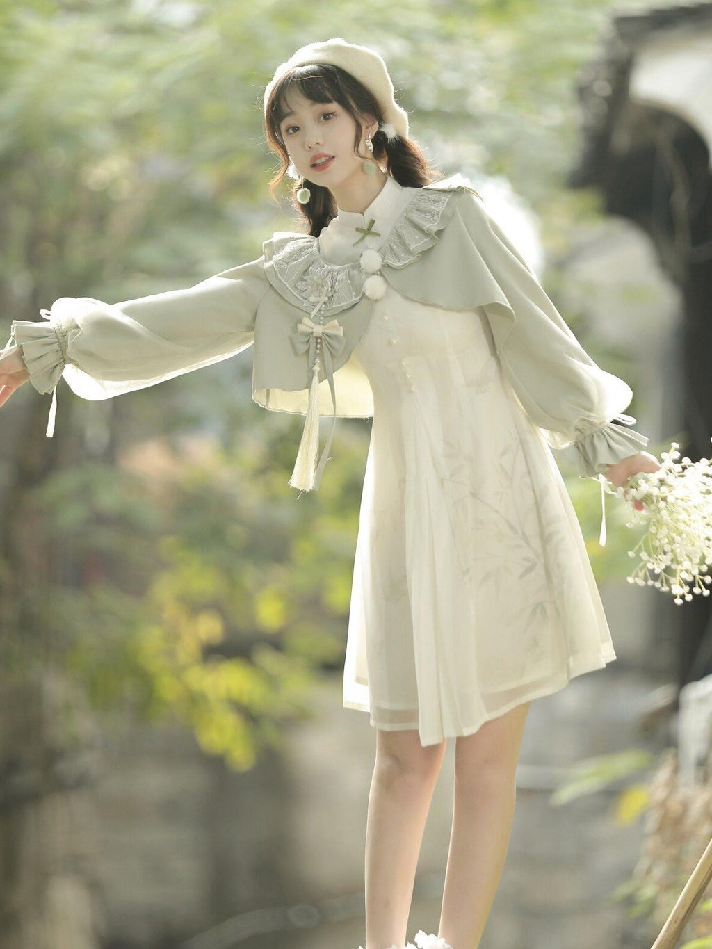 Jing Mu Bamboo Print Short Qipao Jacket Two Piece Retro Women's Polyester Long Sleeve Op