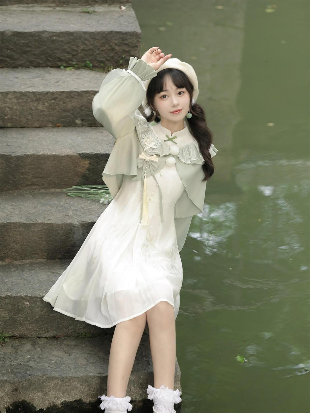Jing Mu Bamboo Print Short Qipao Jacket Two Piece Retro Women's Polyester Long Sleeve Op