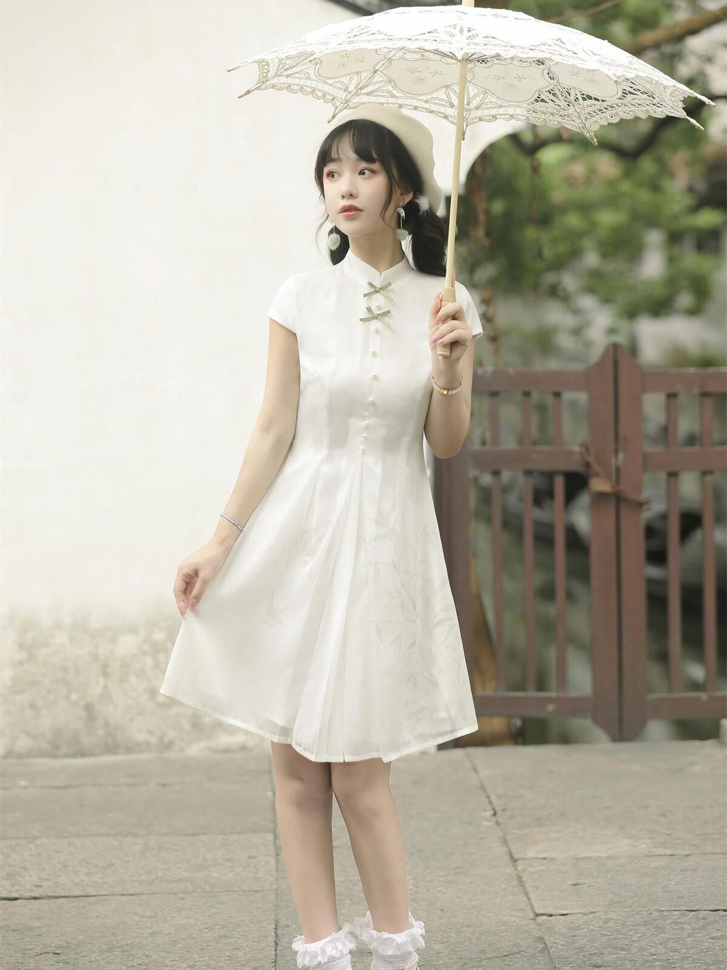 Jing Mu Bamboo Print Short Qipao Jacket Two Piece Retro Women's Polyester Long Sleeve Op